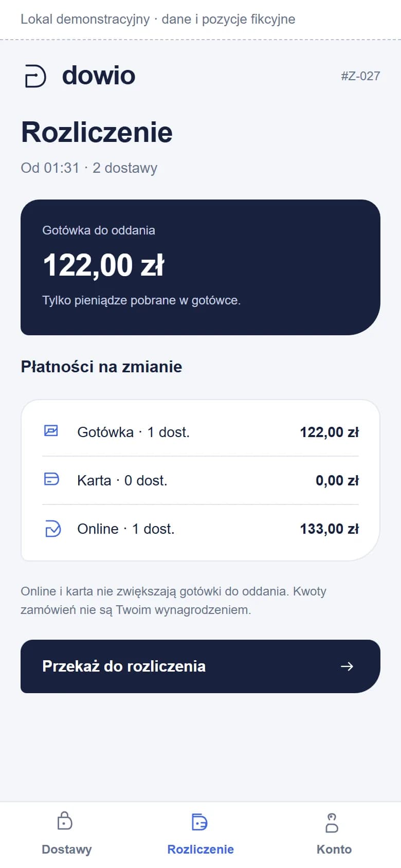 Aplikacja kuriera Dowio: rozliczenie zmiany z gotówką do oddania i płatnościami według formy.