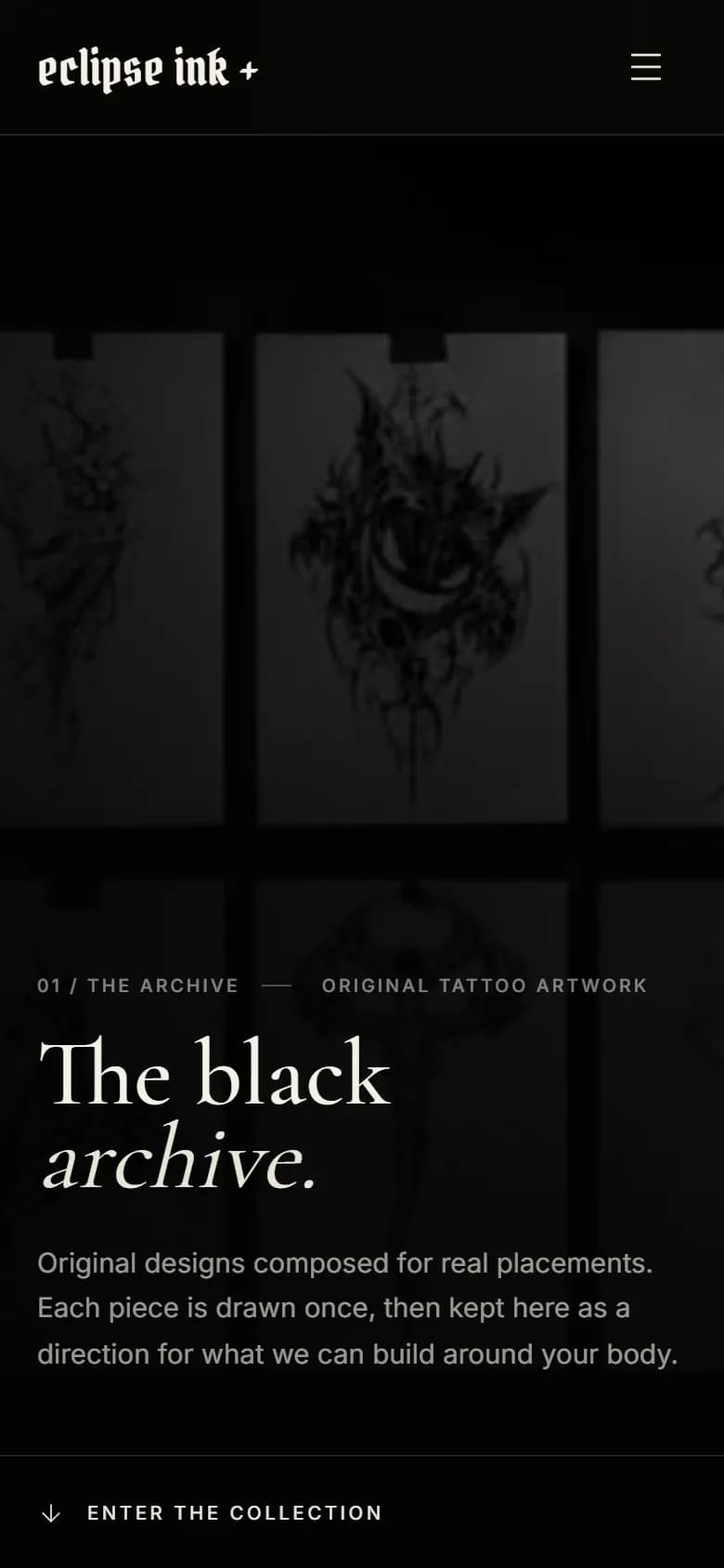 Archiwum Eclipse Ink na telefonie: wzory w tle i nagłówek „The black archive.”.