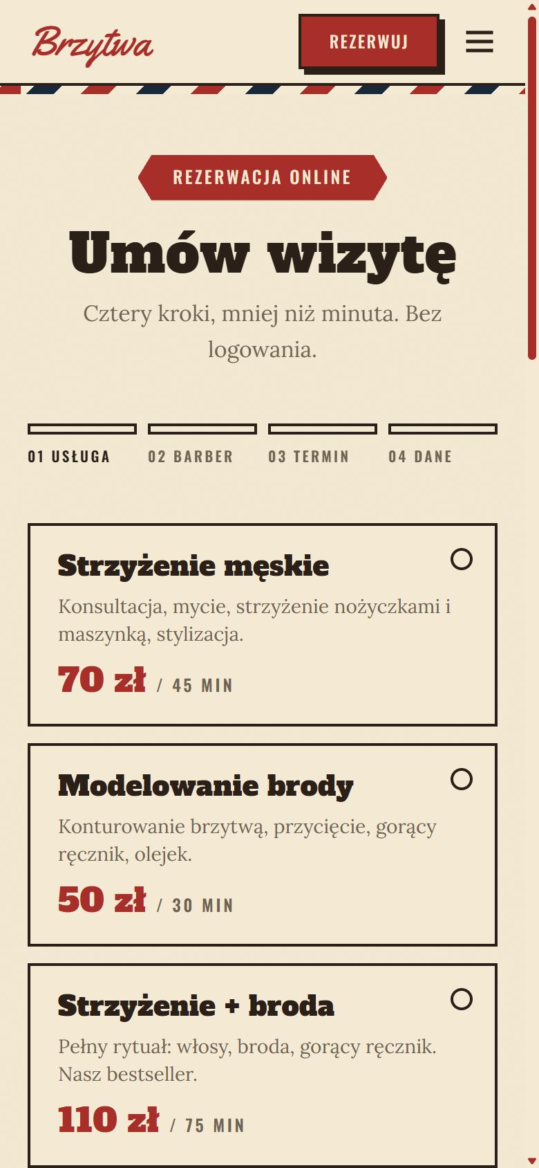 Wybór usługi w demonstracyjnym kreatorze rezerwacji na telefonie.
