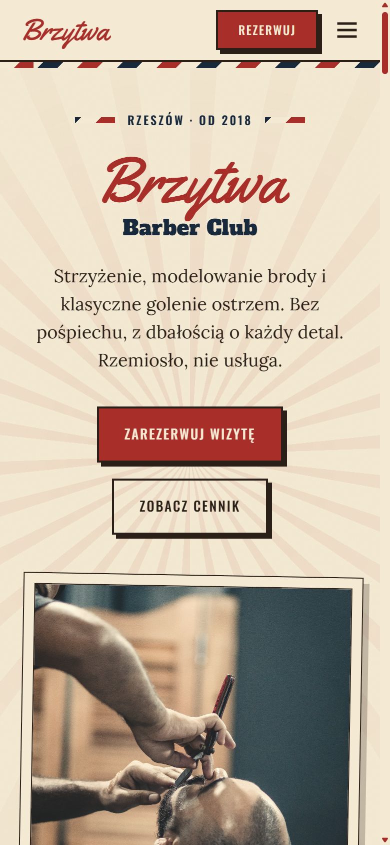 Mobilna strona Brzytwa z przyciskiem rezerwacji i cennikiem dostępnym z pierwszego ekranu.