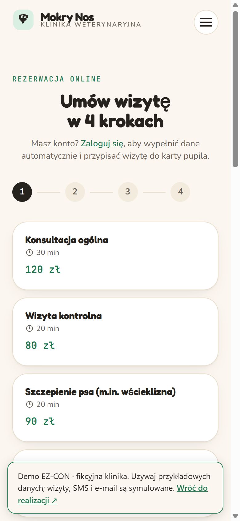 Mobilny kreator wizyty w fikcyjnej klinice Mokry Nos.