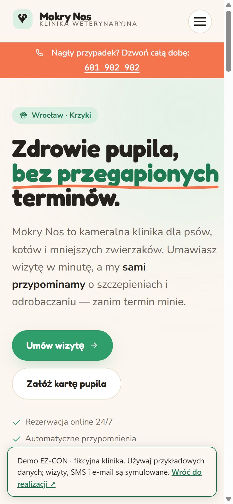 Mobilny pierwszy ekran demonstracyjnej kliniki Mokry Nos.